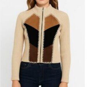 90s Leather patchwork Zip-Up Sweater